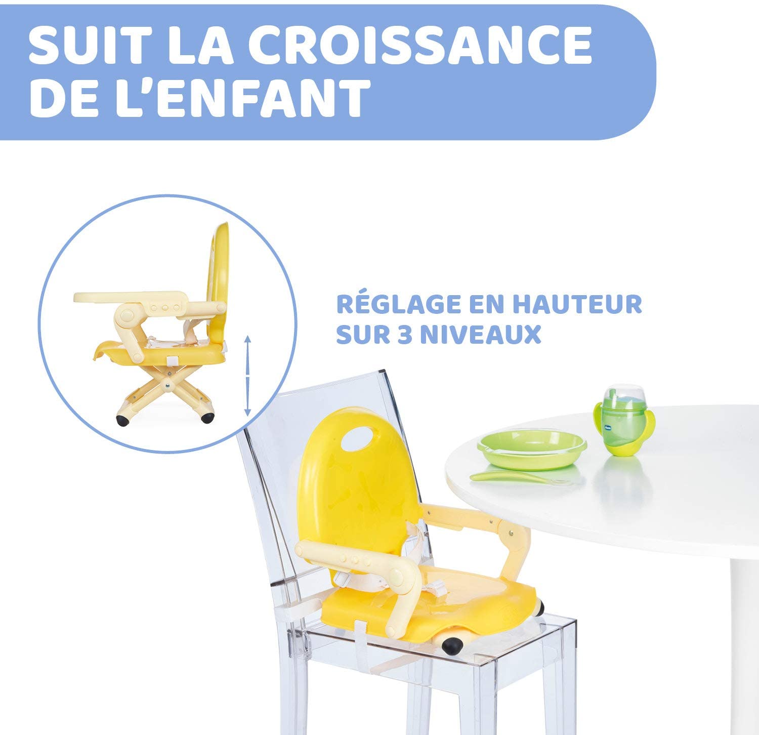 Chicco Pocket Snack Rehausseur Chaise Bébé pour Enfants de 6 mois à 3 ans (15 kg), Chaise Haute Portable, Réglable, avec Fermeture Compacte et Plateau Amovible - Dark Grey